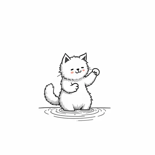 black and white simple line drawing of A norwegian forest cat playfully splashing water with its paws, showing a mischievous expression.