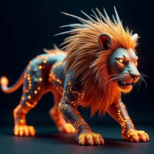 A lion avatar with a body made of glowing circuit patterns, fierce eyes, and a mechanical mane with sharp, laser-like edges.