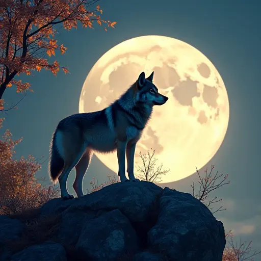 A wolf standing on a rocky hill under the full moon, surrounded by autumn leaves and the soft glow of the moonlight casting shadows across the landscape.