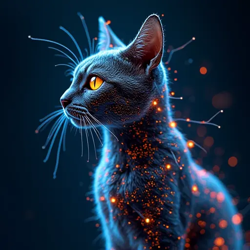 A neural network-inspired cat, with glowing lines forming the brain’s synaptic connections, representing artificial intelligence.