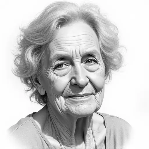 An elderly woman with gray hair and soft wrinkles, sketched in realistic pencil strokes with delicate shading.