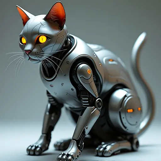 A cat with a sleek, metallic body designed with futuristic robotic elements. Its surface is composed of chrome-plated panels, glowing LED eyes, and articulated limbs, evoking a high-tech, cyberpunk aesthetic.