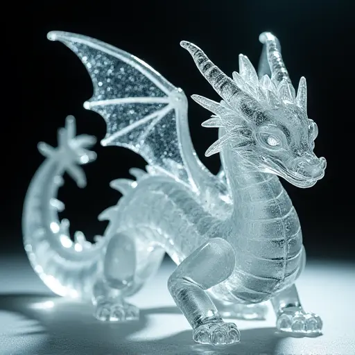 A dragon made from clear, polished glass, with light refracting through its body, creating a delicate and ethereal appearance.