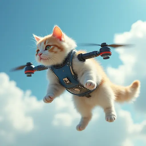 A cat designed with drone-like wings or features, flying and hovering in a digital sky, with its body formed by floating parts.