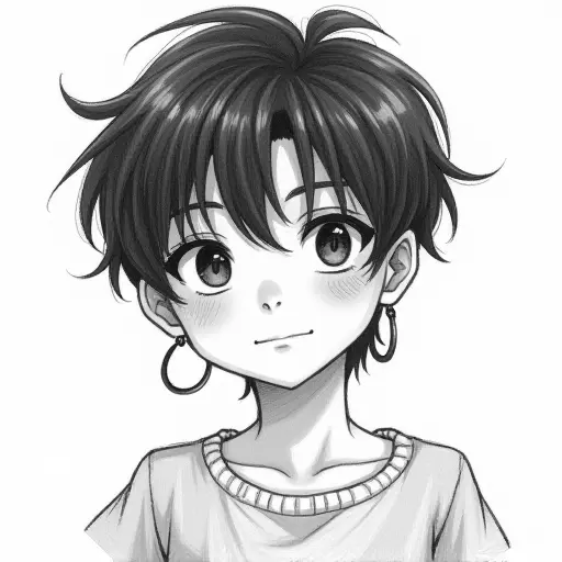 A boy with short black hair and hoop earrings, sketched in fine pencil lines with soft shading.