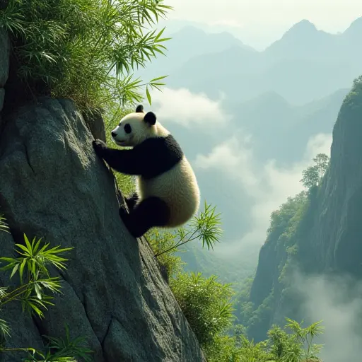 A panda climbing a rocky mountainside, surrounded by lush green bamboo and mist rising from the valley below.