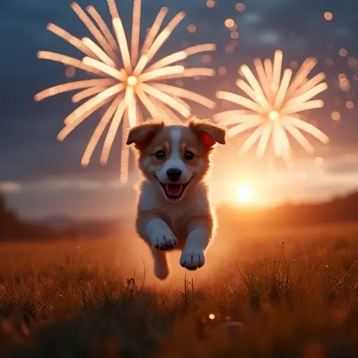 A joyful puppy jumping around in a field under a sky filled with sparkling fireworks, celebrating the New Year's night with excitement and energy.