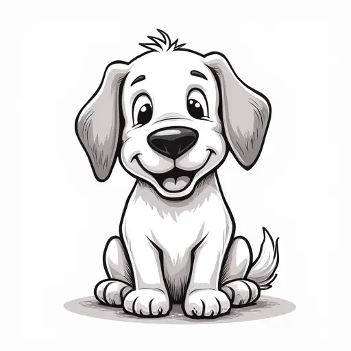 A cheerful dog with floppy ears, drawn in sketchy lines with subtle shading, creating a playful look.