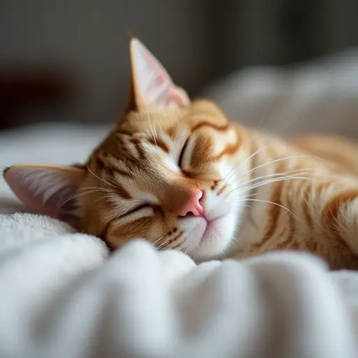 Cat lying on a soft bed, with a lazy, relaxed expression, eyes closed in comfort.