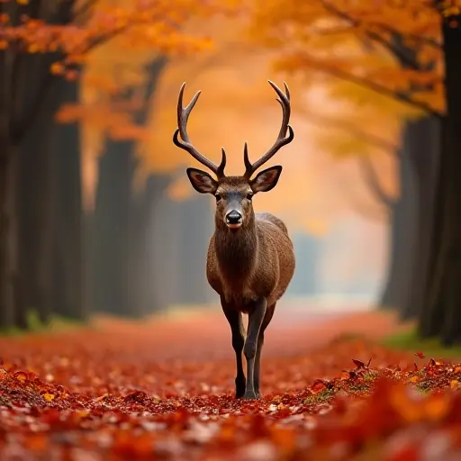 A deer with delicate antlers, walking through a grove of maple trees in full autumn color, with the ground covered in deep red and orange leaves.