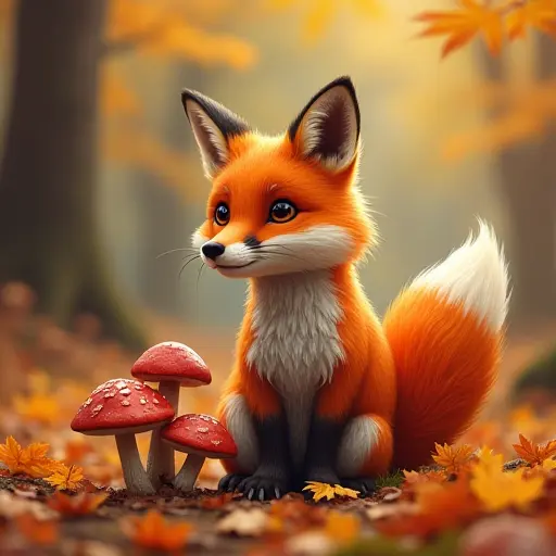 A fox sitting next to a cluster of mushrooms in an autumn forest, surrounded by a carpet of colorful leaves that crunch beneath its paws, while mushrooms add an earthy touch to the vibrant fall scenery.