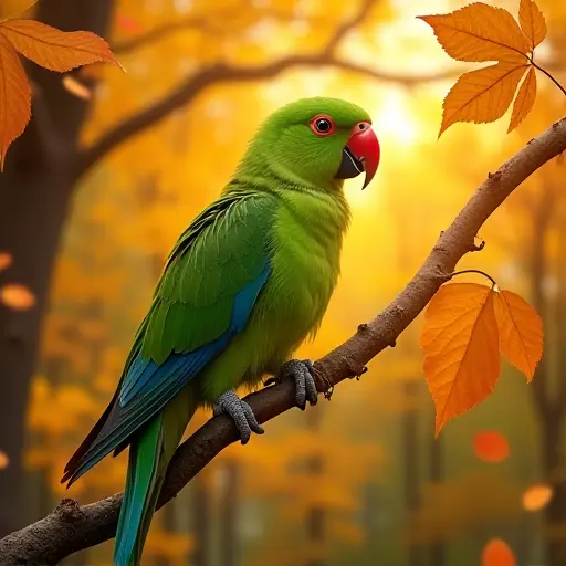 A bright green parrot perched on a branch, surrounded by a swirl of golden autumn leaves, the forest filled with the colors of fall, with the bird's feathers reflecting the warm light of the setting sun.