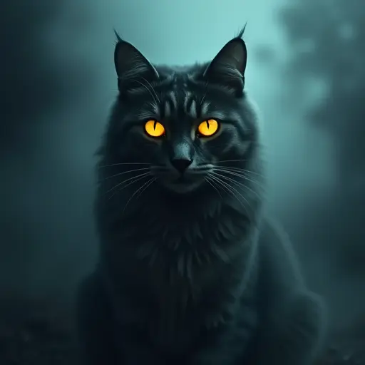 Mysterious cat with glowing eyes, surrounded by mist and shadows.