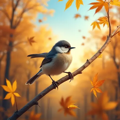 A small bird perched on a branch in an autumn forest, surrounded by swirling golden leaves carried by the autumn wind, with a crisp blue sky overhead.