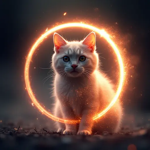 A cat surrounded by a glowing laser ring or halo, with digital elements forming around its body like an energy shield.