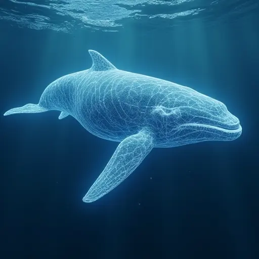 A whale rendered entirely in a virtual space, with its body made of swirling digital polygons and transparent geometric surfaces, giving it an illusionary, holographic presence as it swims through a simulated ocean.