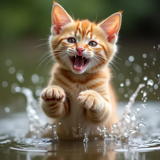 hd photo of A abyssinian cat playfully splashing water with its paws, showing a mischievous expression.