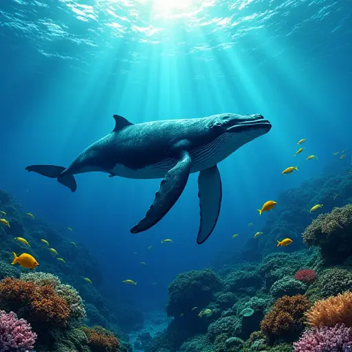 A whale swimming in a crystal-clear tropical ocean, surrounded by schools of colorful fish and coral reefs glowing with sunlight filtering through the water.