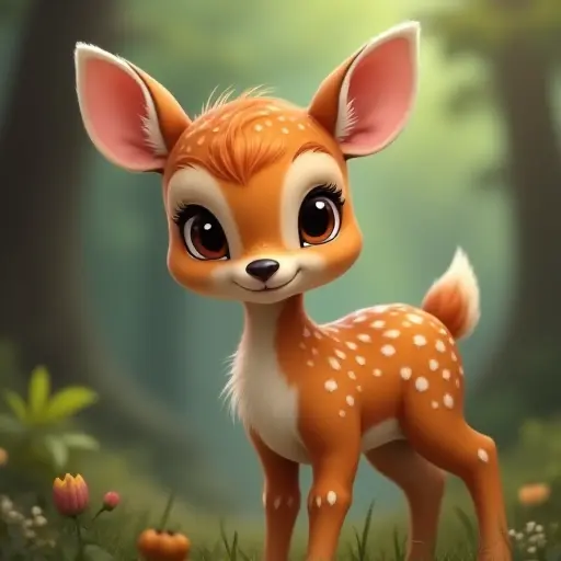 Cute fawn with large eyes, soft fur, and small white spots, standing in a forest.