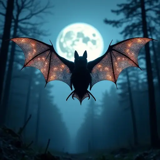 A bat with wings made of glowing, transparent fabric, hovering over a mystical forest under a full moon.