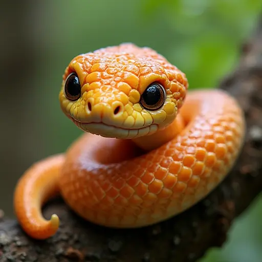 Cute snake with shiny scales, big eyes, and a friendly expression, coiled around a tree branch.