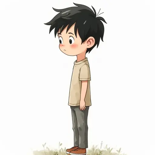 A tall, slim boy with short black hair, drawn in a simple line art style with light watercolor tones.