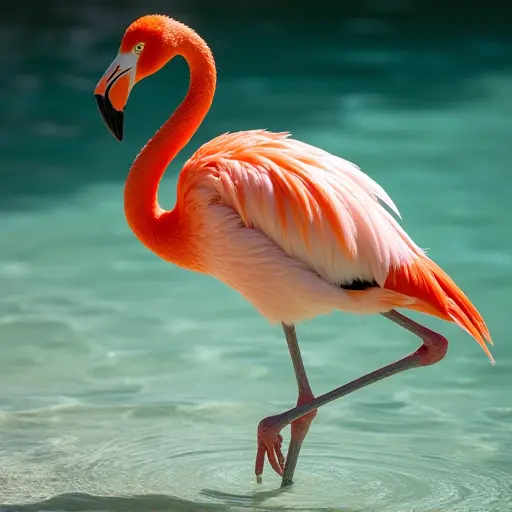 A flamingo standing on one leg in a shallow, sparkling lagoon, its vibrant pink feathers glowing under the warm sun, with gentle ripples in the water.