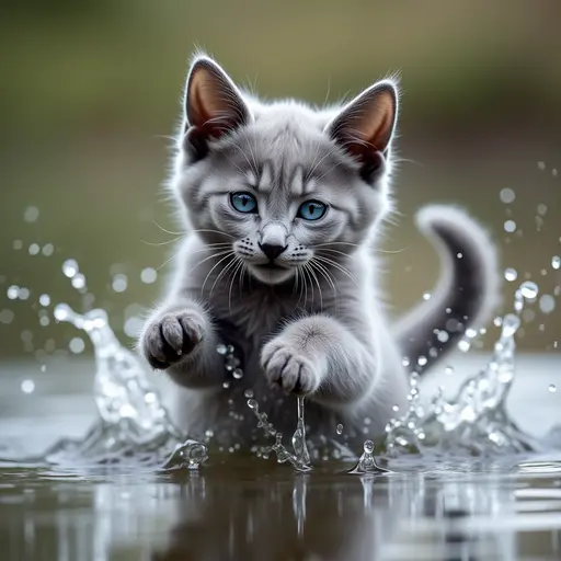 hd photo of A russian blue playfully splashing water with its paws, showing a mischievous expression.