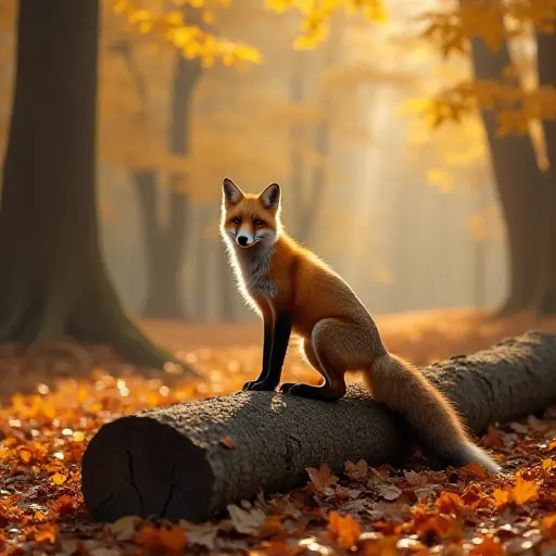 A fox standing on a fallen tree trunk, surrounded by a blanket of autumn leaves, with the afternoon sunlight filtering through the trees and casting a golden glow on the forest.