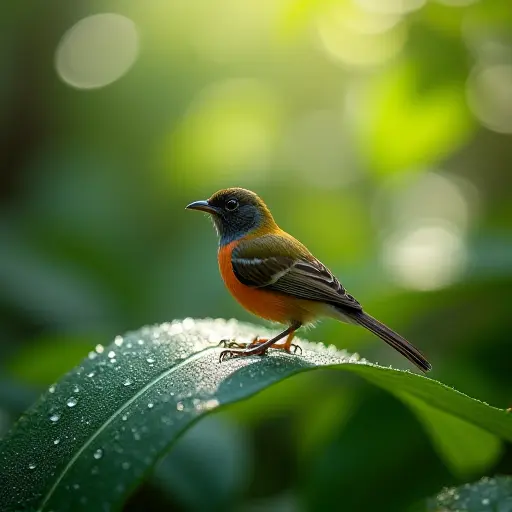 A tiny bird perched on a dew-covered leaf in a lush tropical rainforest, its vibrant feathers reflecting a kaleidoscope of colors from the scattered sunlight.