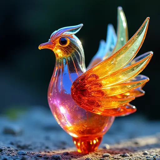 A bird made of colorful glass, with intricate facets and glowing hues that capture the light from all directions.