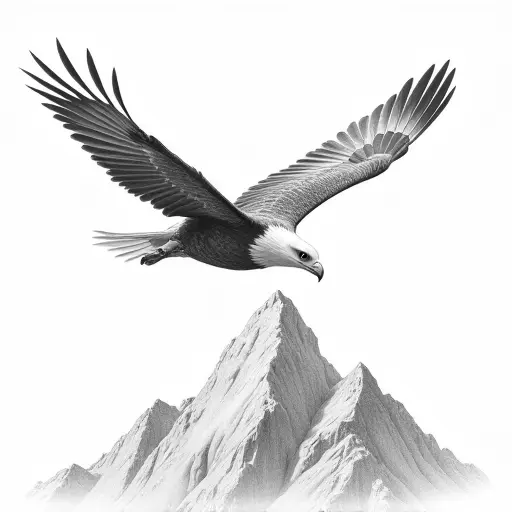 An eagle soaring high above a mountain, drawn with fine pencil lines and subtle shading.