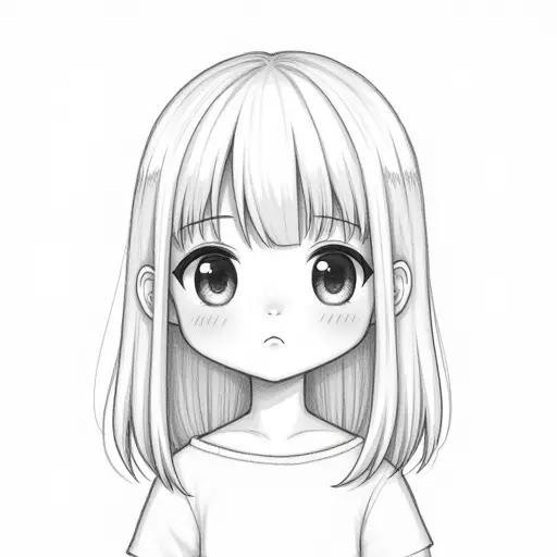 A girl with big eyes and straight hair, drawn in a cute, minimalist style with soft pencil shading.