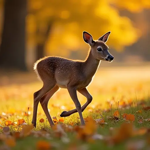 A young deer frolicking through a golden autumn meadow, its hooves kicking up the fallen leaves as the trees in the distance shimmer with the warm hues of fall.