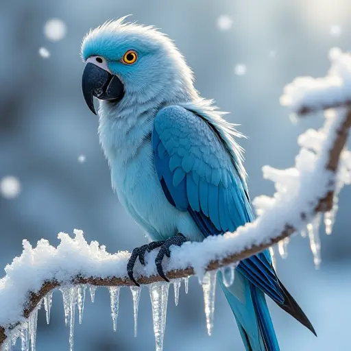 A parrot with icy blue feathers perched on a frosted branch, surrounded by icicles and a sparkling white winter landscape.