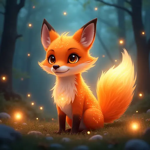 A glowing fox with a magical aura, surrounded by floating orbs of light in a mystical woodland.