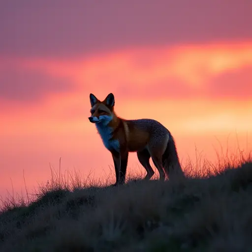 A fox standing on a grassy ridge, its fur catching the warm pink and orange glow of a vibrant evening sky.