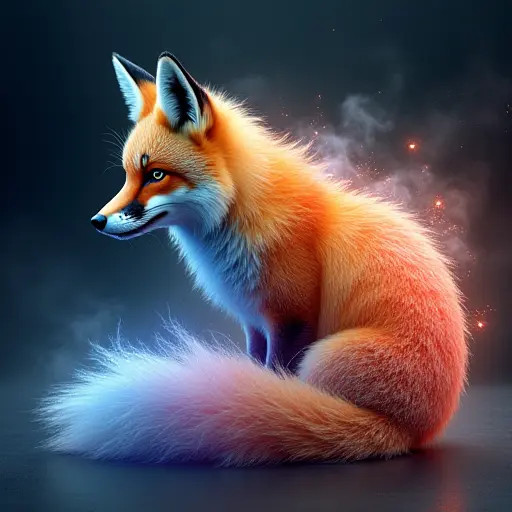 A fox whose fur is formed from fluctuating quantum energy fields. The fur constantly changes color and opacity, giving the fox a dynamic, fluid appearance as if it's phasing in and out of reality.