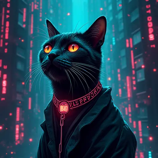 A cat surrounded by the dark web’s encrypted network, with glitchy data streams and a cyberpunk atmosphere.