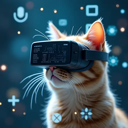 A cat with virtual reality goggles, looking like it is immersed in a digital world, surrounded by floating icons and data.