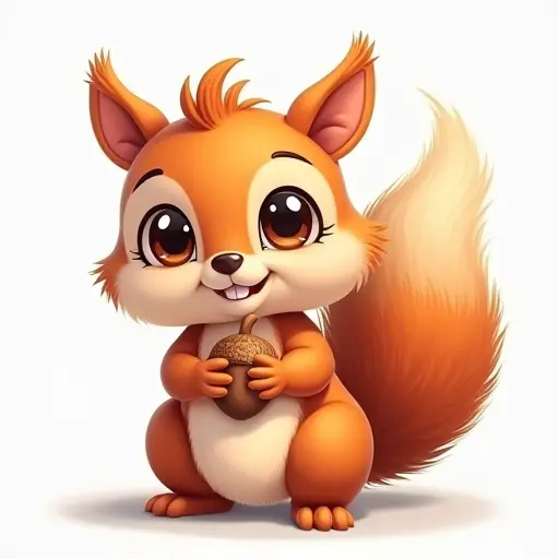 Cute squirrel with fluffy tail, big eyes, holding an acorn with its tiny paws.