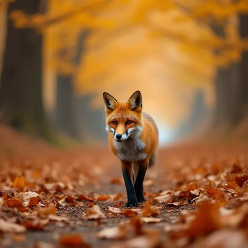 A fox walking along a path covered with dry autumn leaves, its paws crunching the leaves as it moves through the forest, while the branches overhead create a canopy of orange and yellow hues.