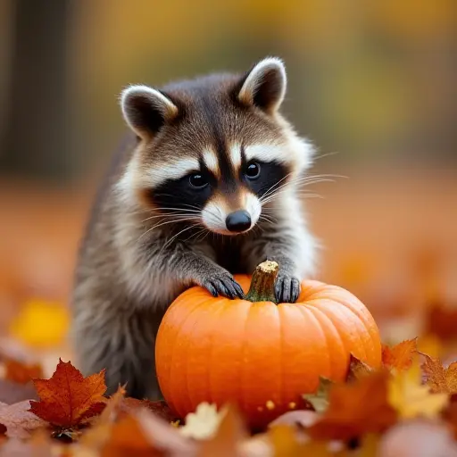 A raccoon standing next to a small pumpkin in a pile of autumn leaves, its paws gently touching the pumpkin, while the golden and red leaves swirl around it in the cool autumn breeze.