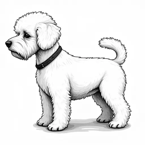 black and white simple line drawing of a bichon frise from the side view