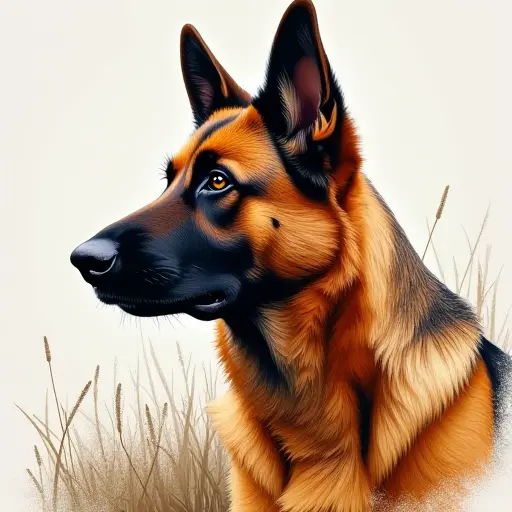 pointillism painting of a german shepherd from the side view