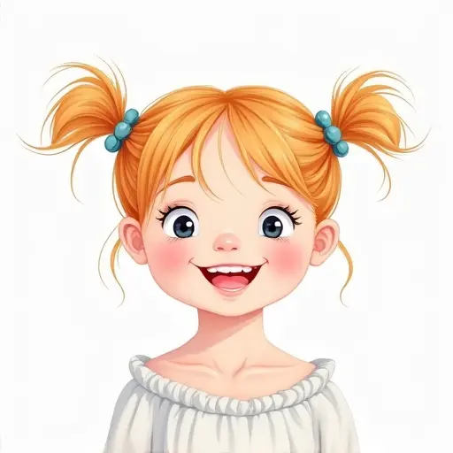 A little girl with pigtails and a bright smile, drawn in simple lines with soft pastel colors.