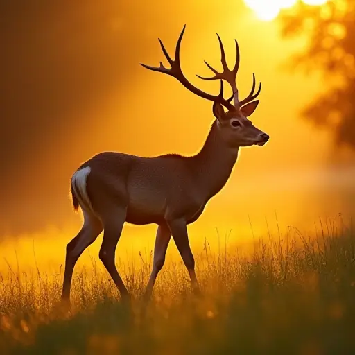 A deer walking through a meadow bathed in golden sunlight, with its antlers catching the light beautifully.