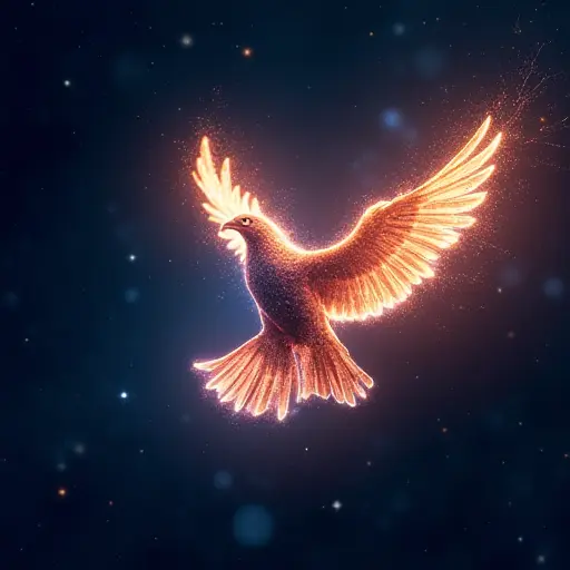 A bird flying through space with wings made of glowing energy and stars, representing space exploration and digital innovation.