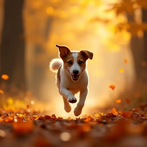 A dog running through an autumn forest, leaves swirling around it in the golden sunlight.