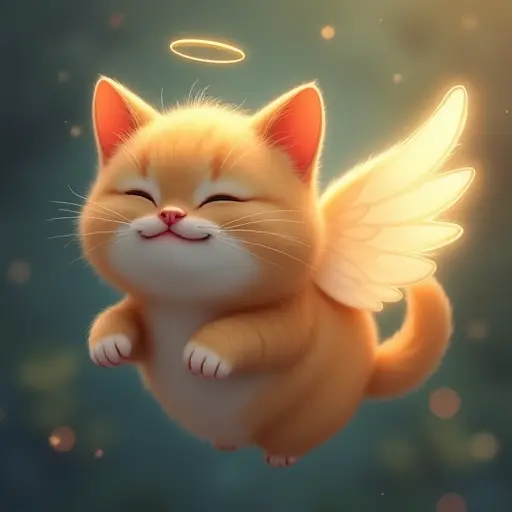 Cat with angel wings, floating peacefully, with a gentle smile and glowing aura.